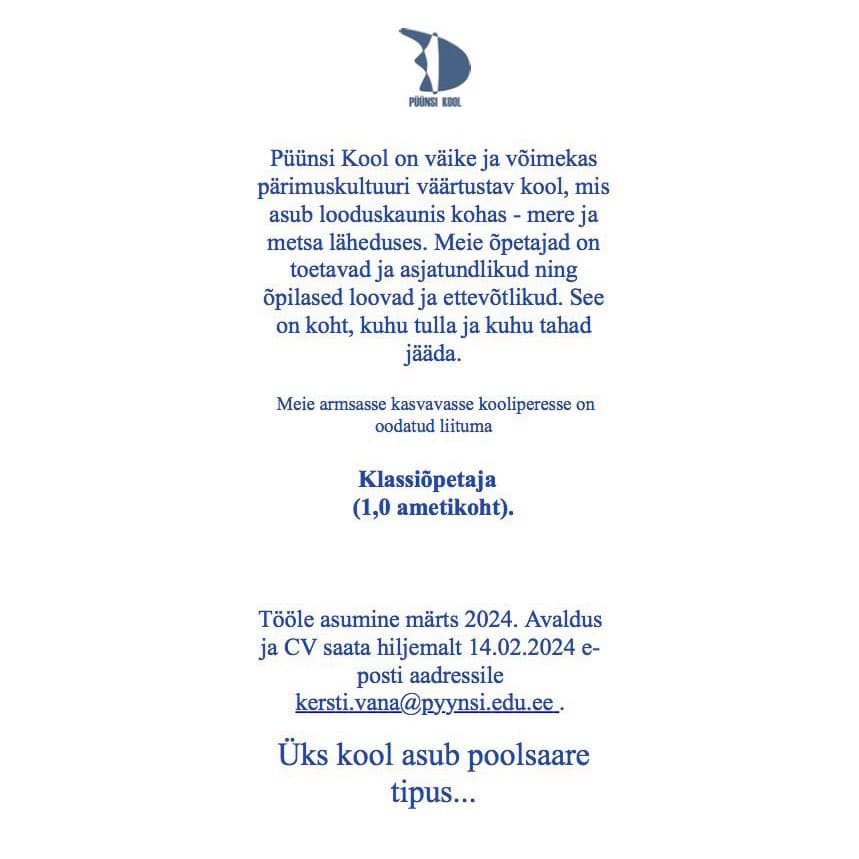 Püünsi kooliperesse on oodatud liituma klassiõpetaja